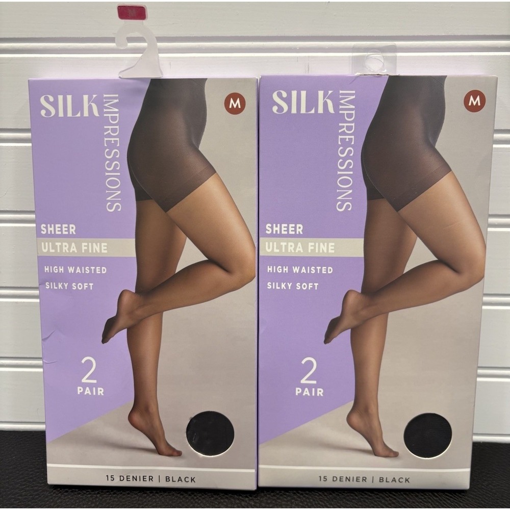 2 Pack Silk Impressions Pantyhose Black ULTRA FINE SHEER Sz Medium 15 Denier